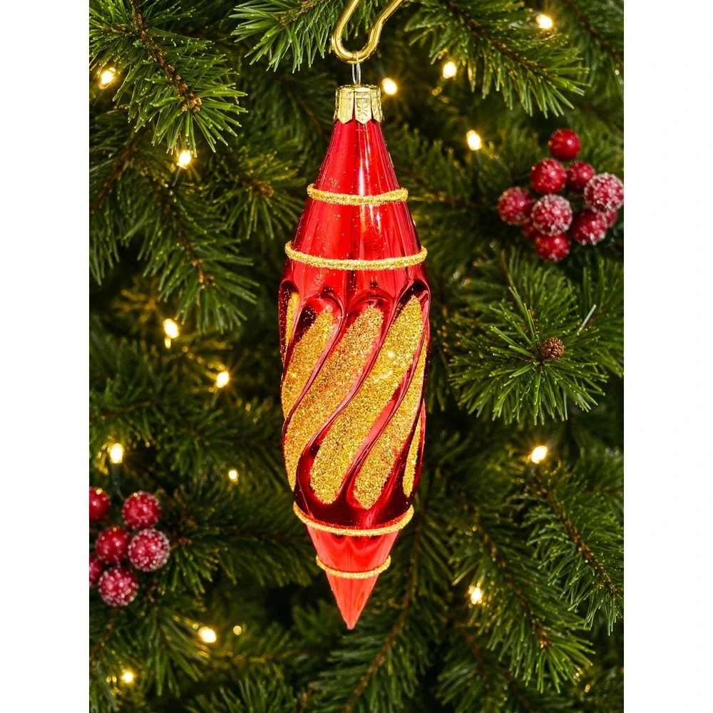 Pier 1 Imports Red Gold Glitter Swirl Glass Drop Christmas Ornaments Set of 2